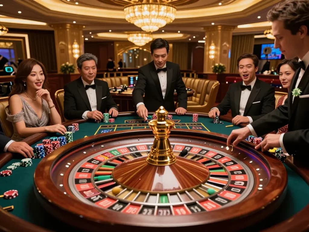 Kaisar 888 players celebrating their wins around a vibrant roulette table in an upscale casino atmosphere.