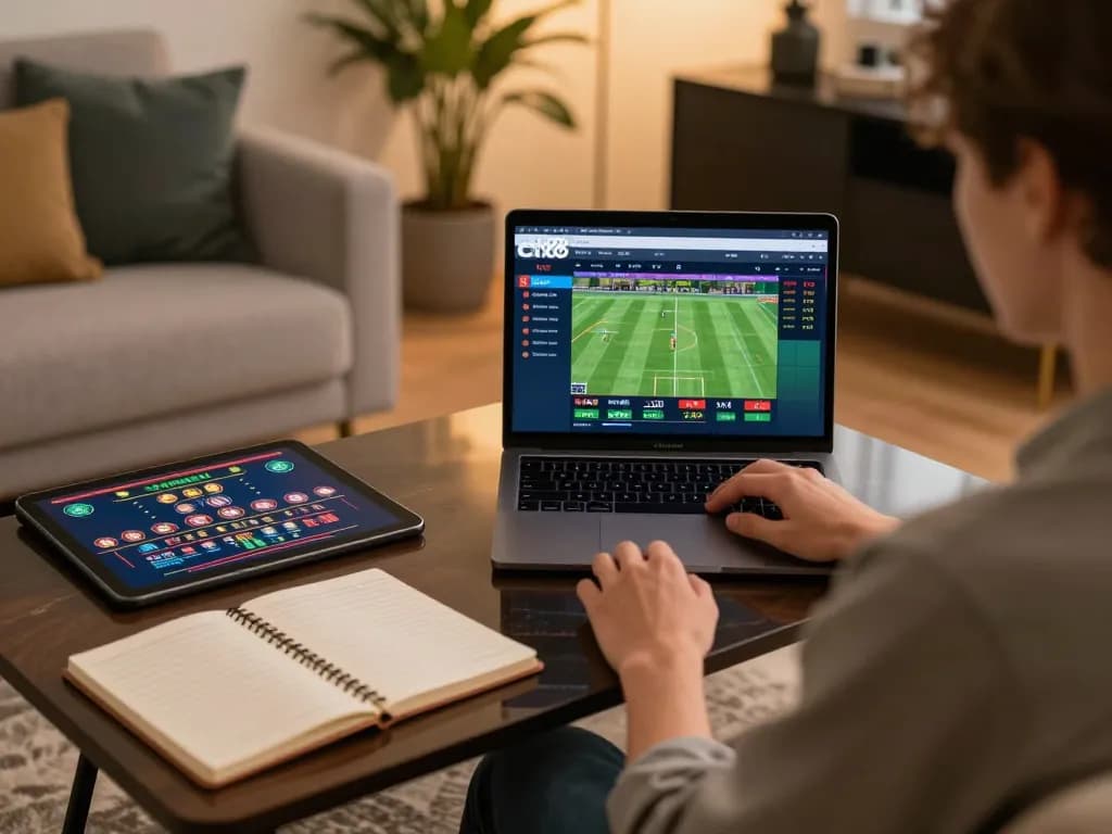 Engaging in online sports betting on cm88 with a laptop, showcasing live odds.