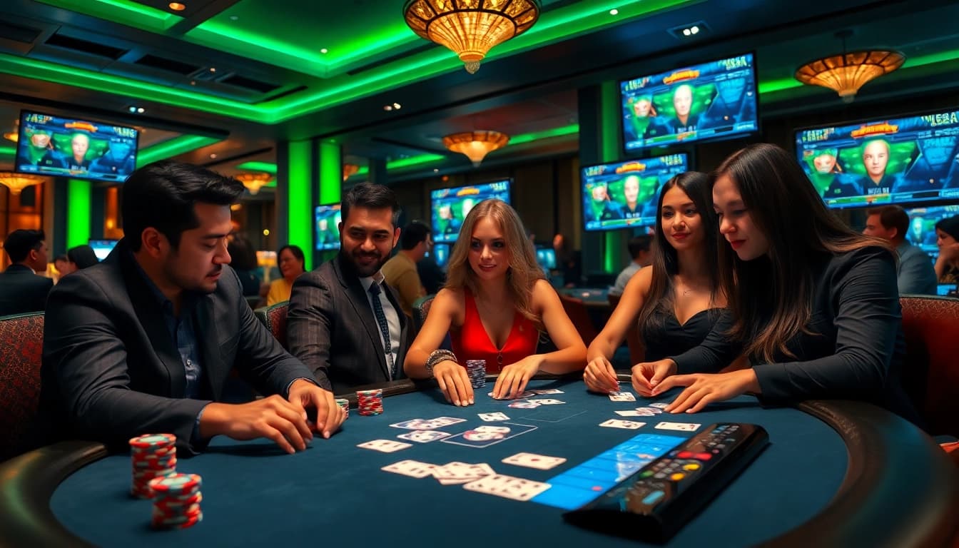 Engage in poker online with vibrant chips and professional cards in an upscale casino.