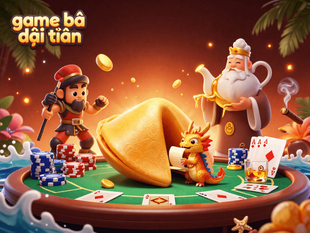 Experience the excitement of game bài đổi thưởng with a vibrant scene featuring poker elements and cartoon characters.