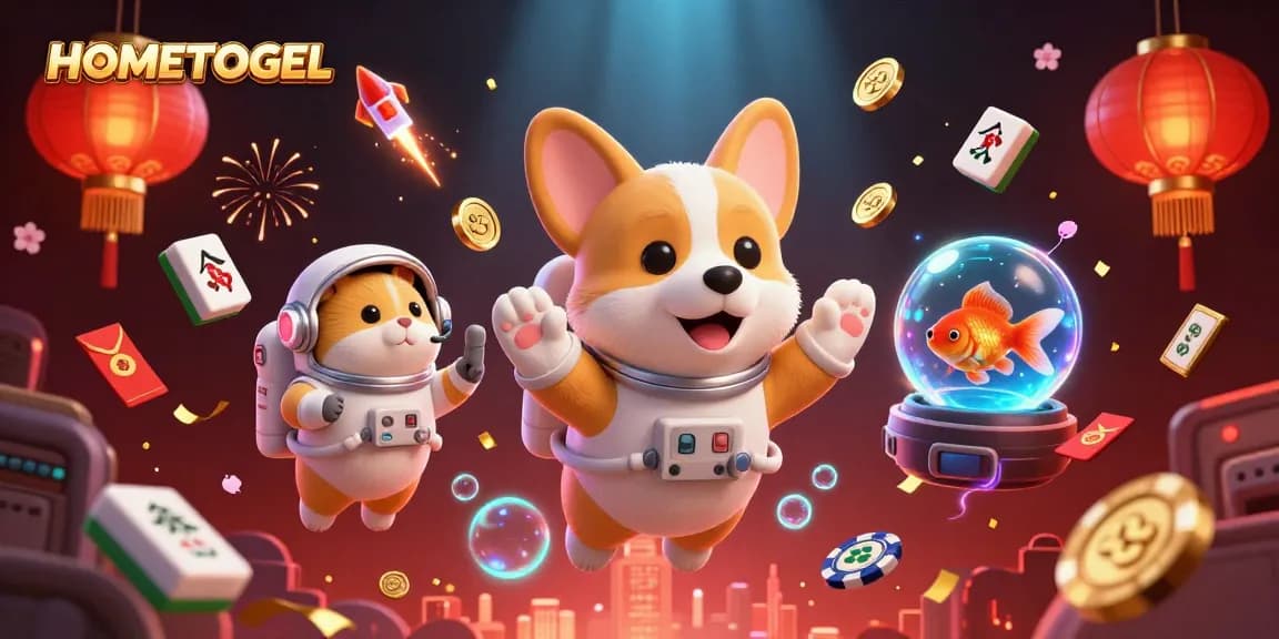 Experience fun with HOMETOGEL as the astronaut corgi navigates a cosmic casino filled with vibrant gaming elements.