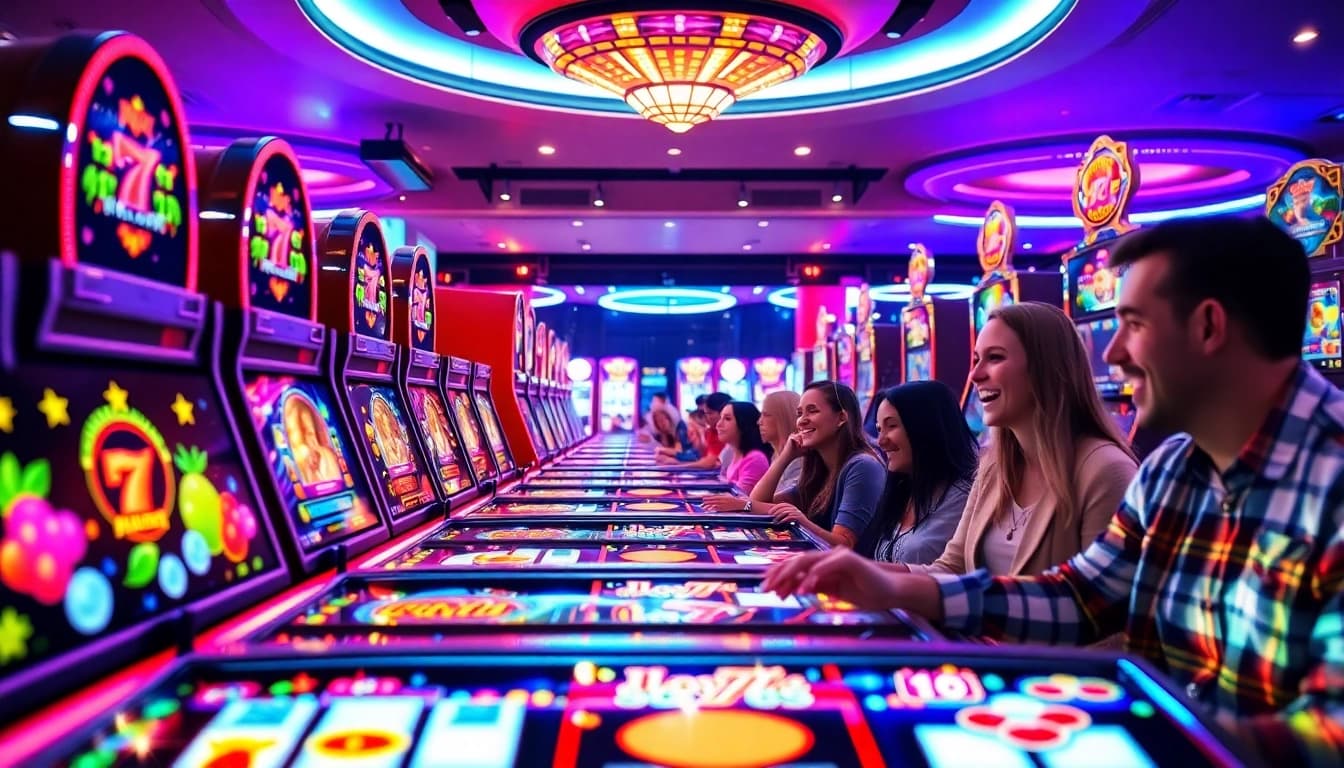 Exciting scene of vibrant slot machines in a modern casino filled with players enjoying games.