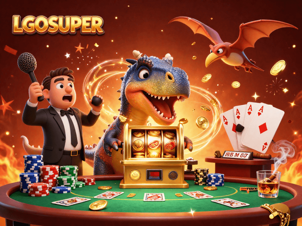 Experience the thrill of LGOSUPER as a dinosaur hits a slot machine for jackpot coins in a vibrant casino scene.