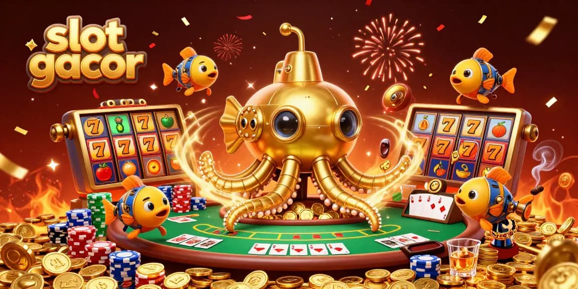 Experience thrilling slot gacor action alongside a golden kraken submarine in a vibrant casino scene.