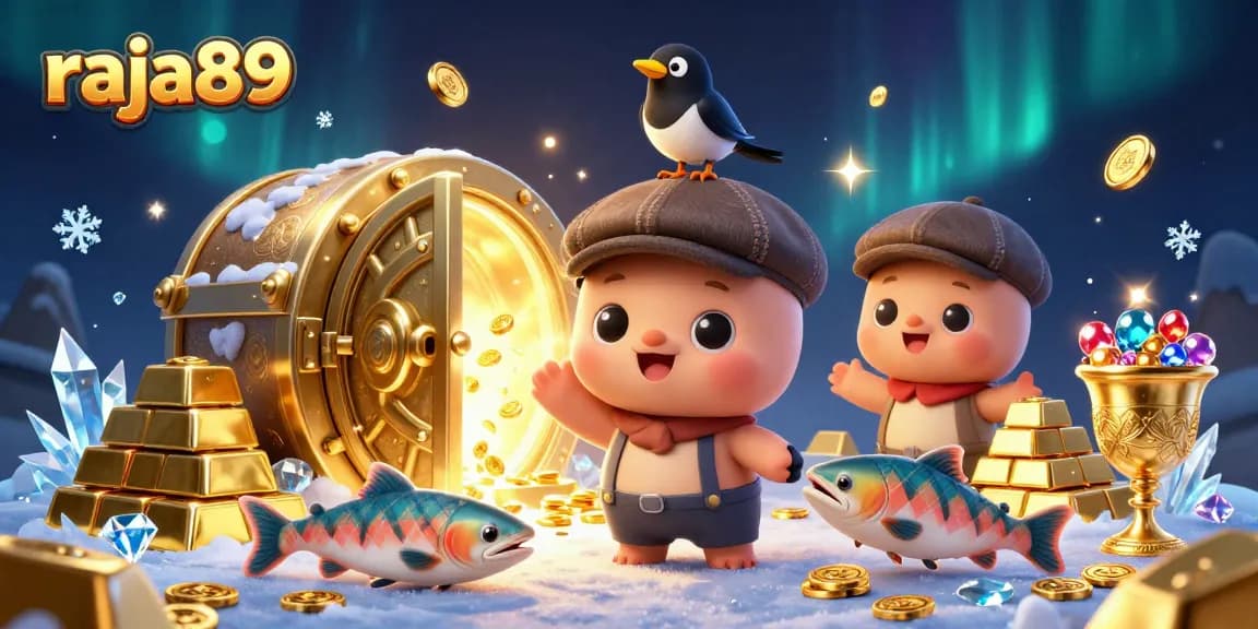 Engage in the thrills of raja89 with playful cartoon characters amidst treasures and vibrant casino elements.