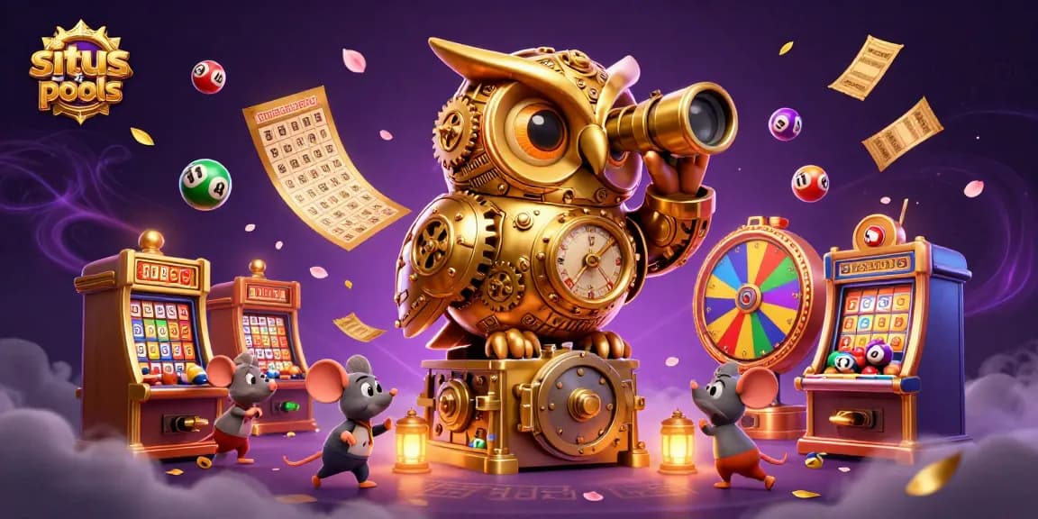 Situs hk pools menampilkan ilustrasi 3D tentang burung hantu emas mekanis dan tikus pengunjung di kasino yang ramai.