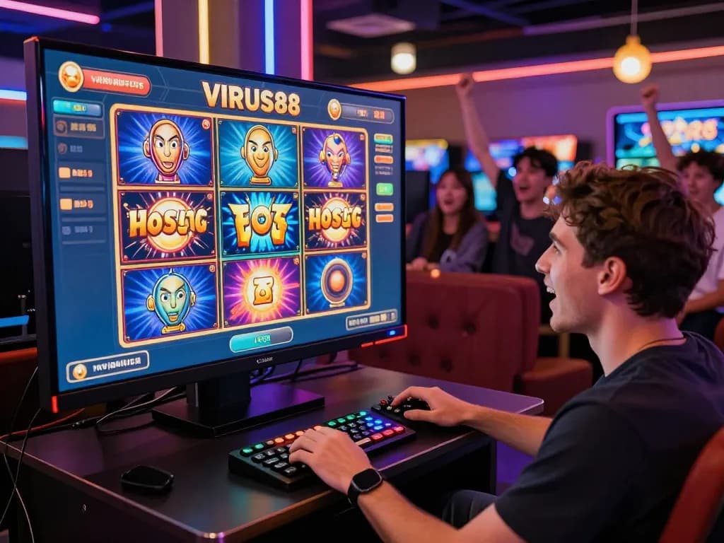 Pengalaman permainan online VIRUS88 menampilkan pemain yang aktif dan antarmuka permainan slot yang berwarna-warni.