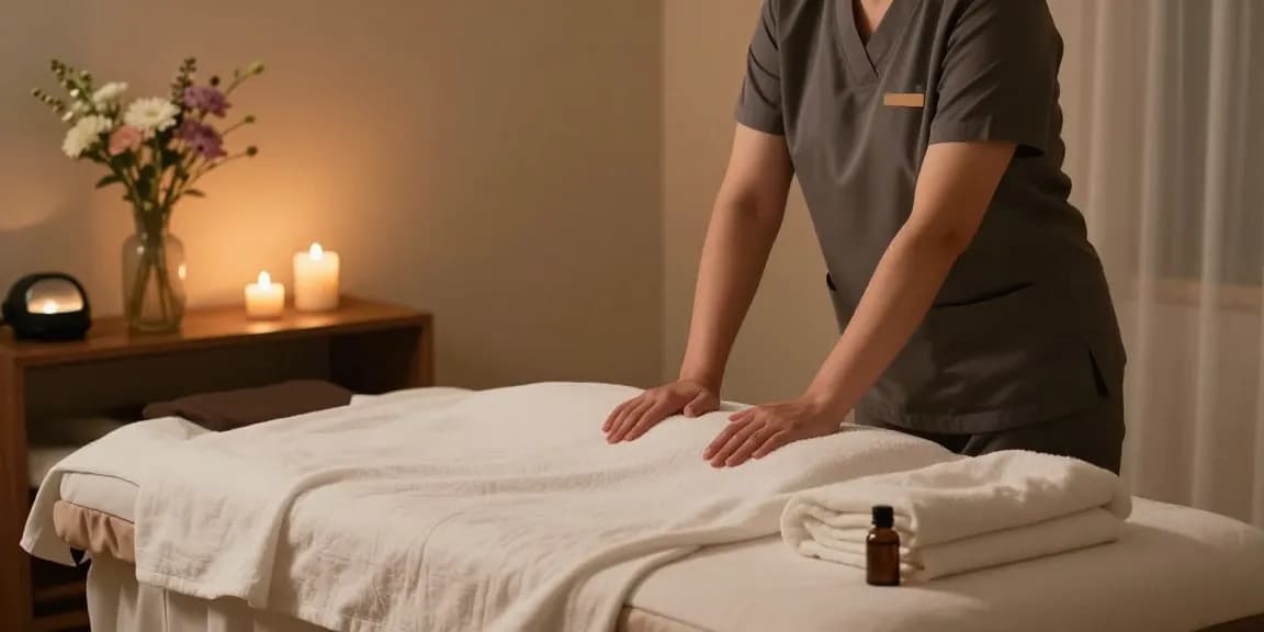 Tranquil massage therapy room prepared for 일산출장마사지 with candles and soothing decor.