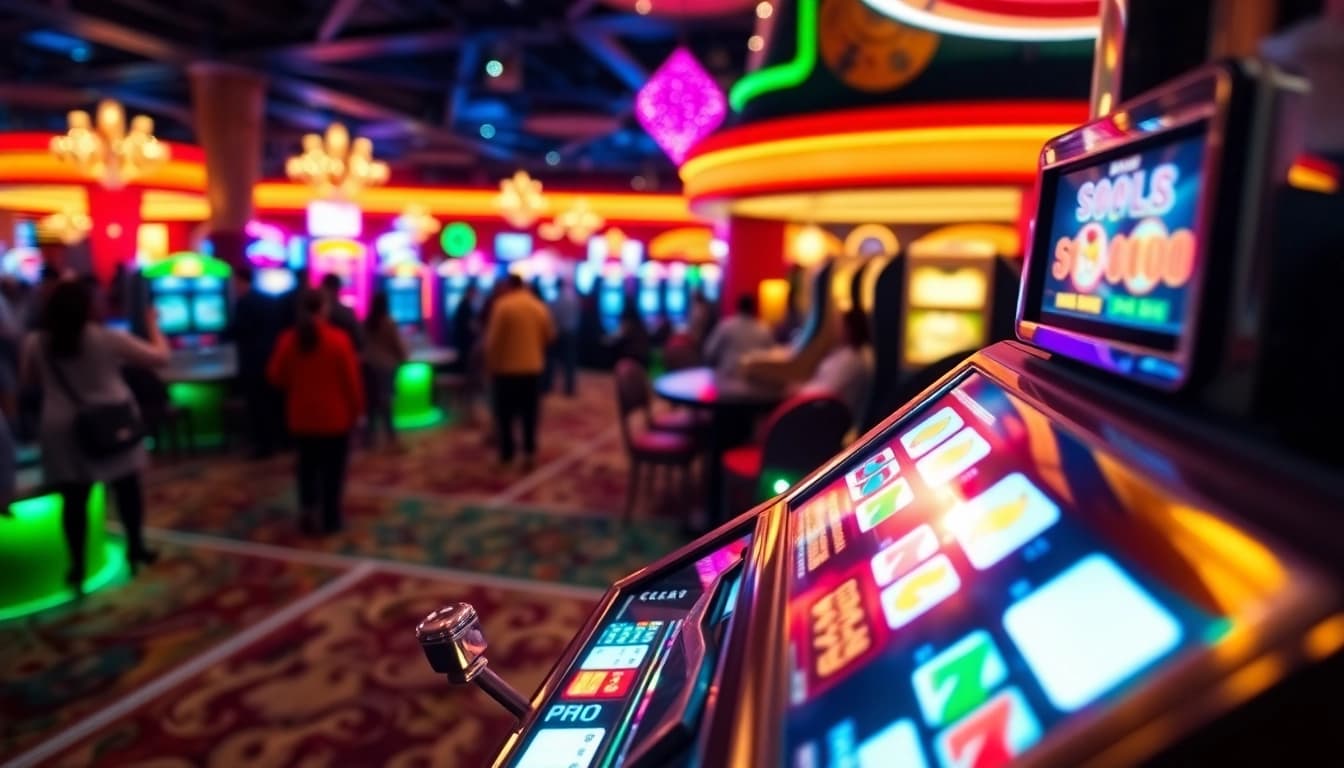 Situs slot gacor yang menarik di kasino, dengan mesin slot berkilau dan suasana yang penuh semangat.