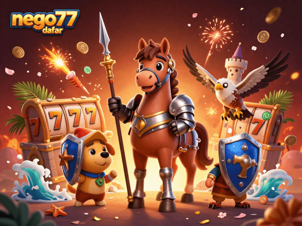 Join the excitement with nego77 daftar and explore thrilling slot adventures in this vibrant illustration.