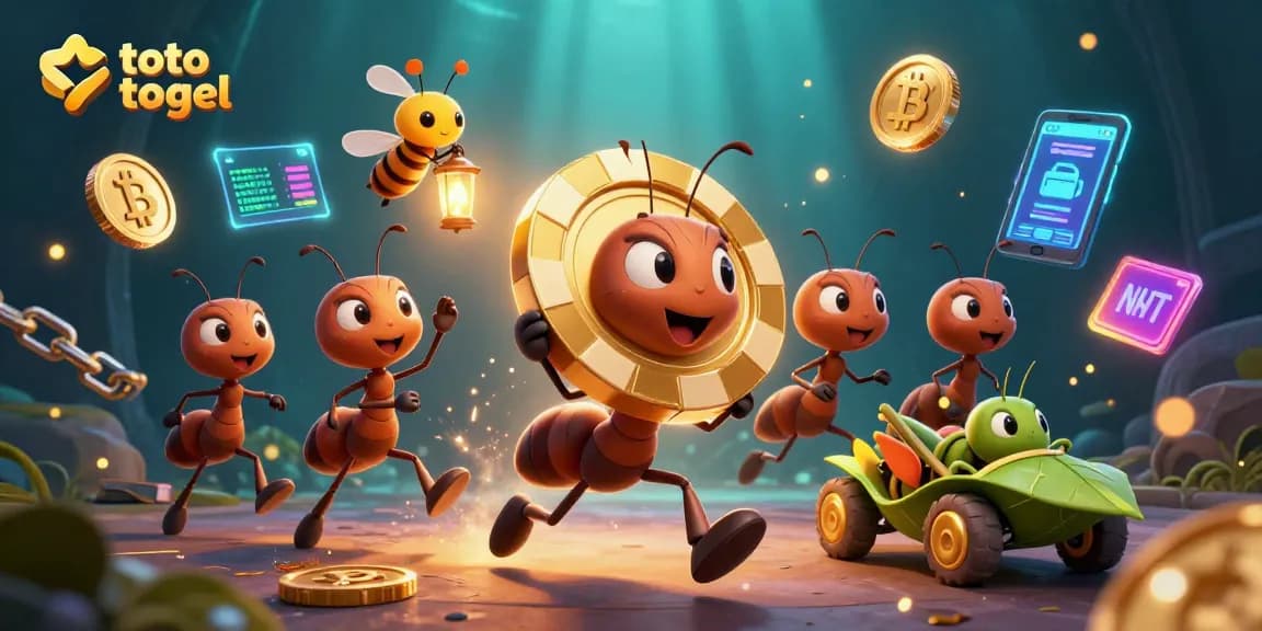 Ants execute a heist in the vibrant toto togel scene with golden poker chip and crypto elements.