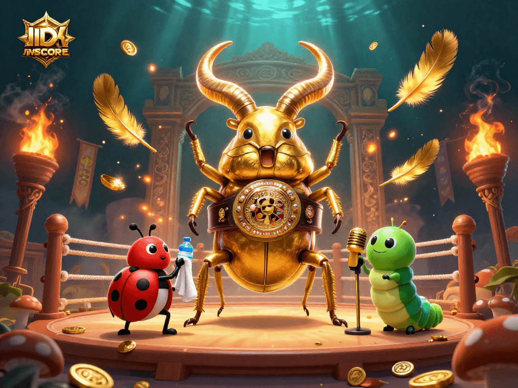 Experience thrilling action with IDNSCORE’s vibrant casino adventure illustration featuring a golden stag beetle