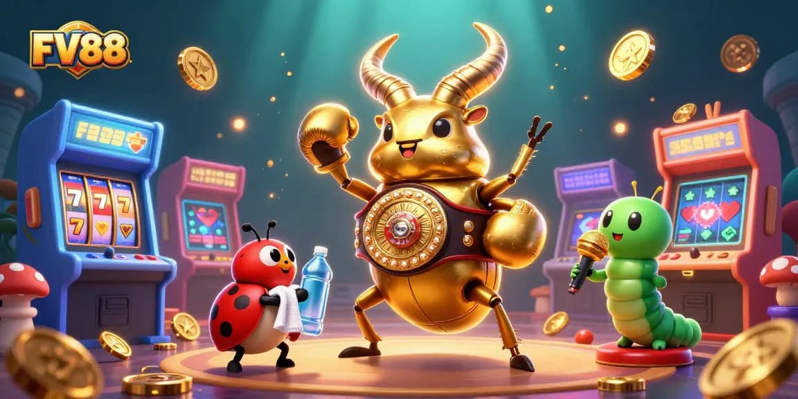FV88 showcases an epic casino battle featuring a golden stag beetle and arcade machine elements.