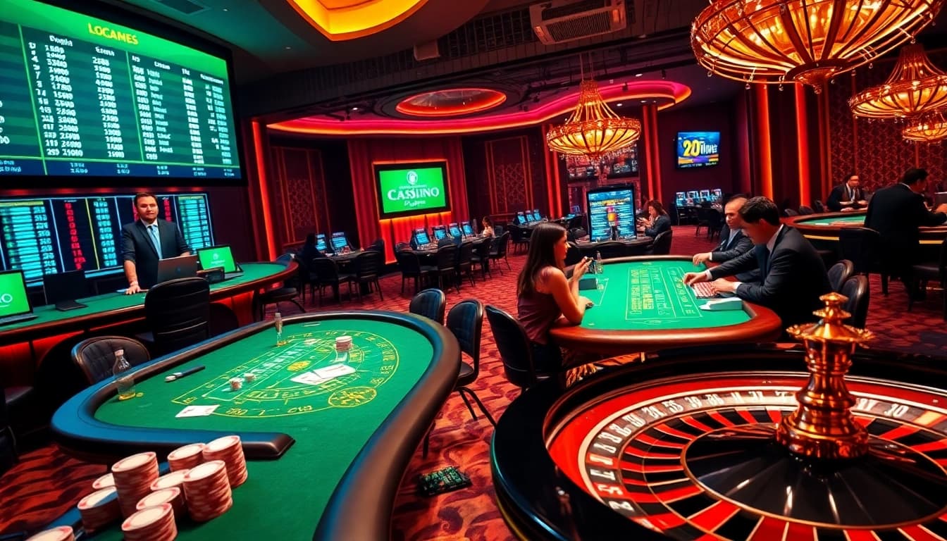 An engaging casino environment at https://na777unduh.com showcasing sports betting excitement, vibrant tables, and professional dealers.