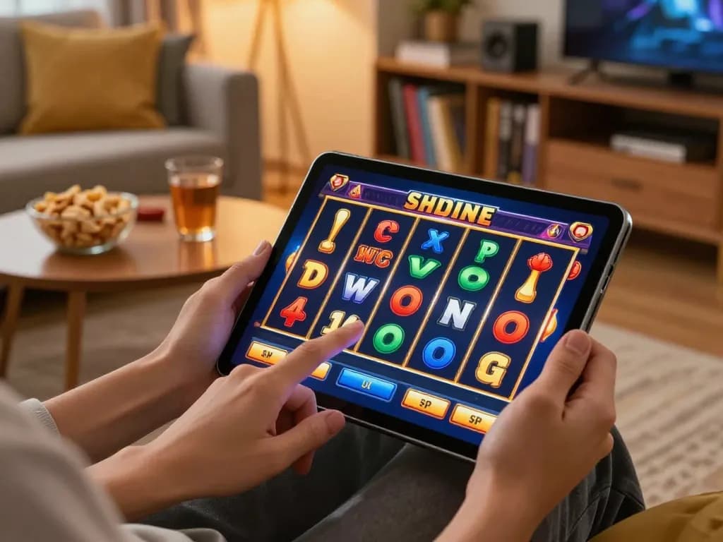 Engaging user enjoying a colorful Slot Demo on a tablet in a cozy living room setting.
