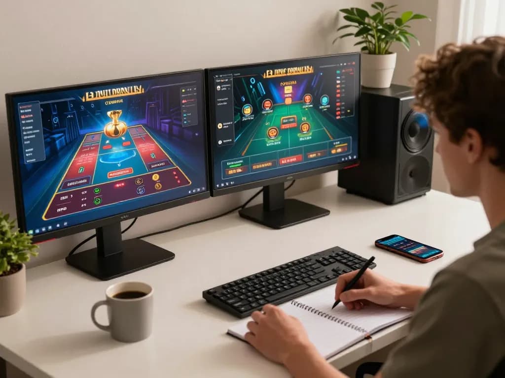 Nego77 player analyzing online casino strategies at modern gaming setup with monitors.