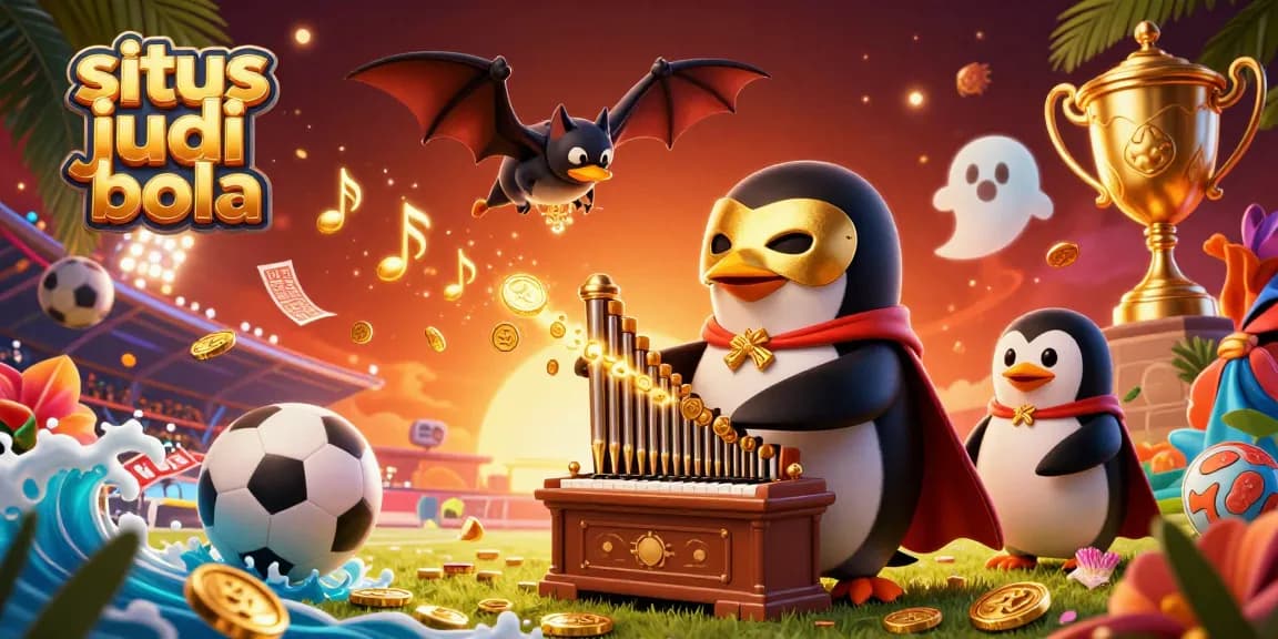 Experience situs judi bola excitement with a cartoon penguin playing an organ of golden coins.