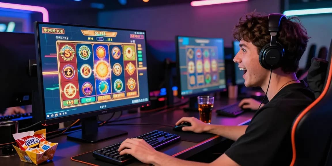 Pemain bersemangat bermain Slot di kasino online dengan antarmuka yang berwarna-warni dan grafis menarik, sambil dikelilingi suasana gaming yang ceria.