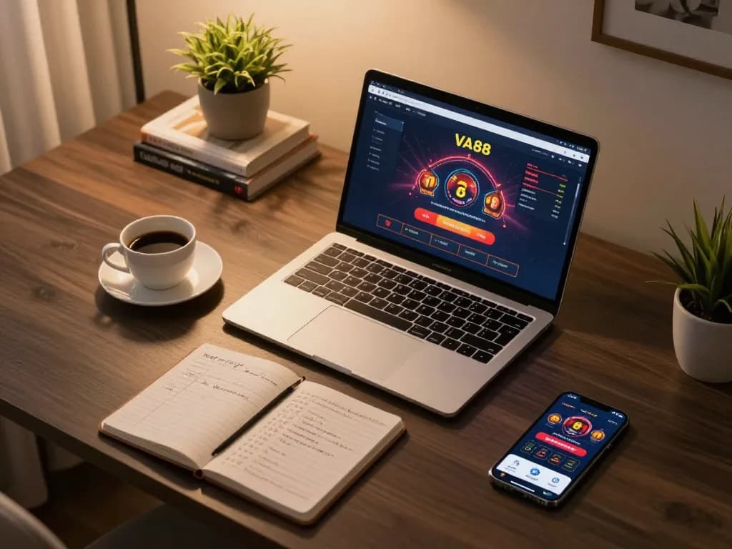 Play VA88 online with strategic betting from a cozy home setup, showcasing laptop and app interface
