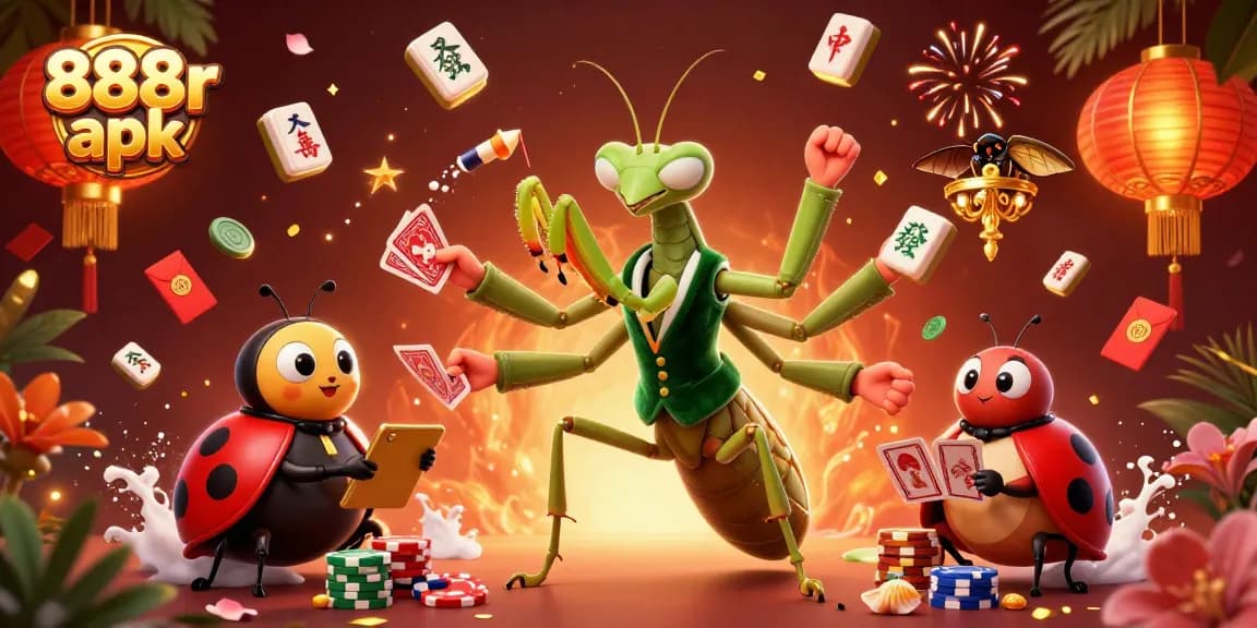 Experience 888r apk excitement with giant praying mantis and ladybug pit boss in a vibrant casino scene.