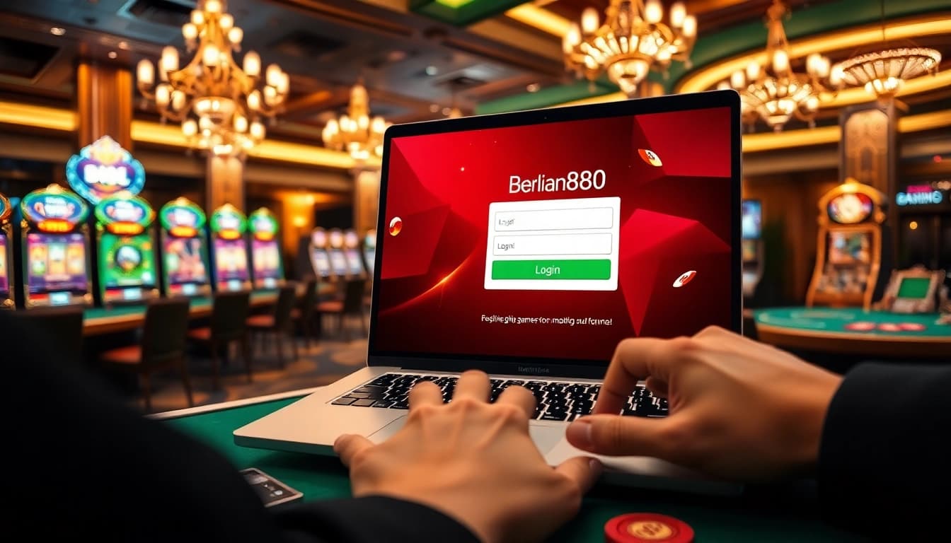 Berlian888 login interface displayed on a laptop amidst luxury casino elements like chips and slot machines.