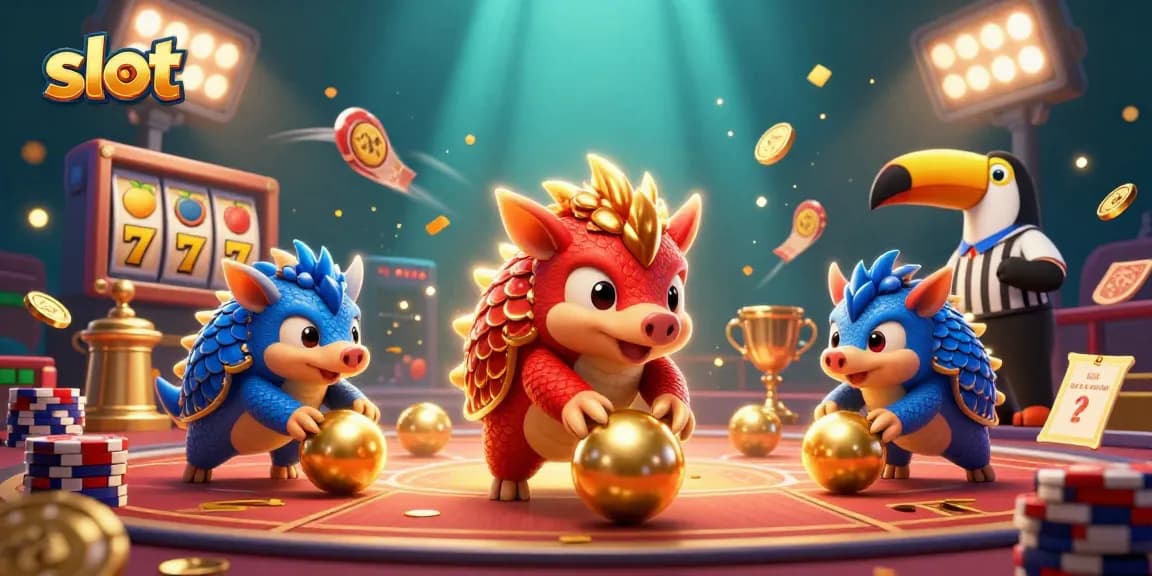Compete in the slot games with rival pangolins at a vibrant online casino arena.