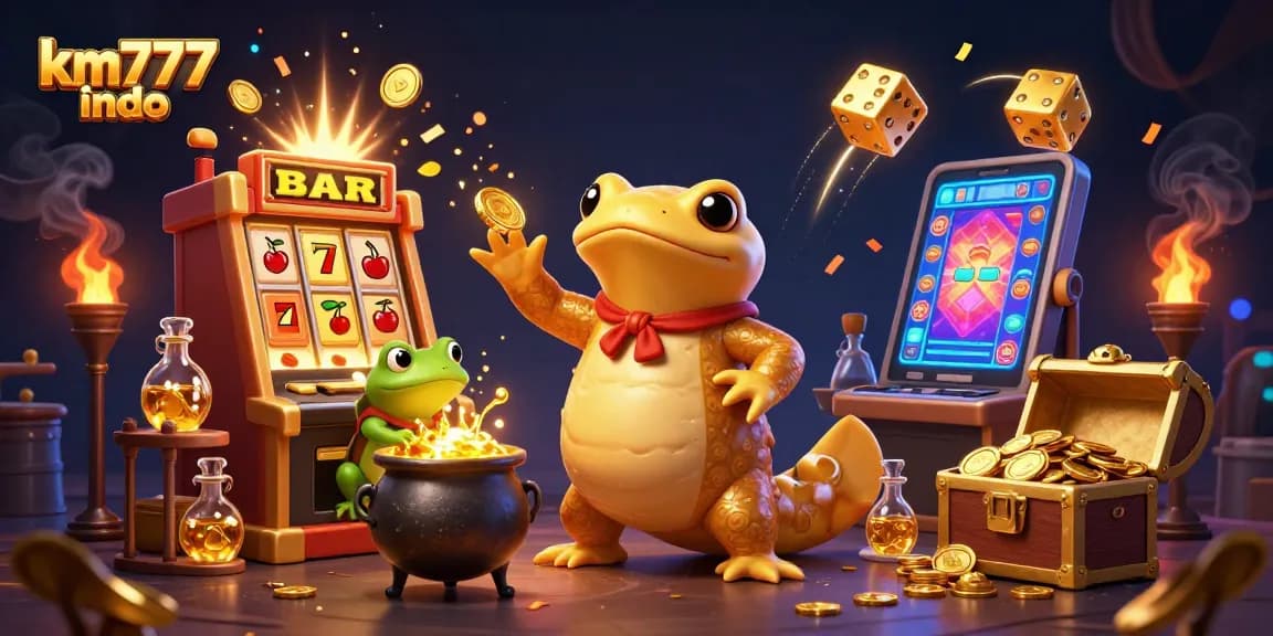 Experience the vibrant world of km777 indo with a thrilling 3D casino scene bursting with winning symbols and golden treasures.