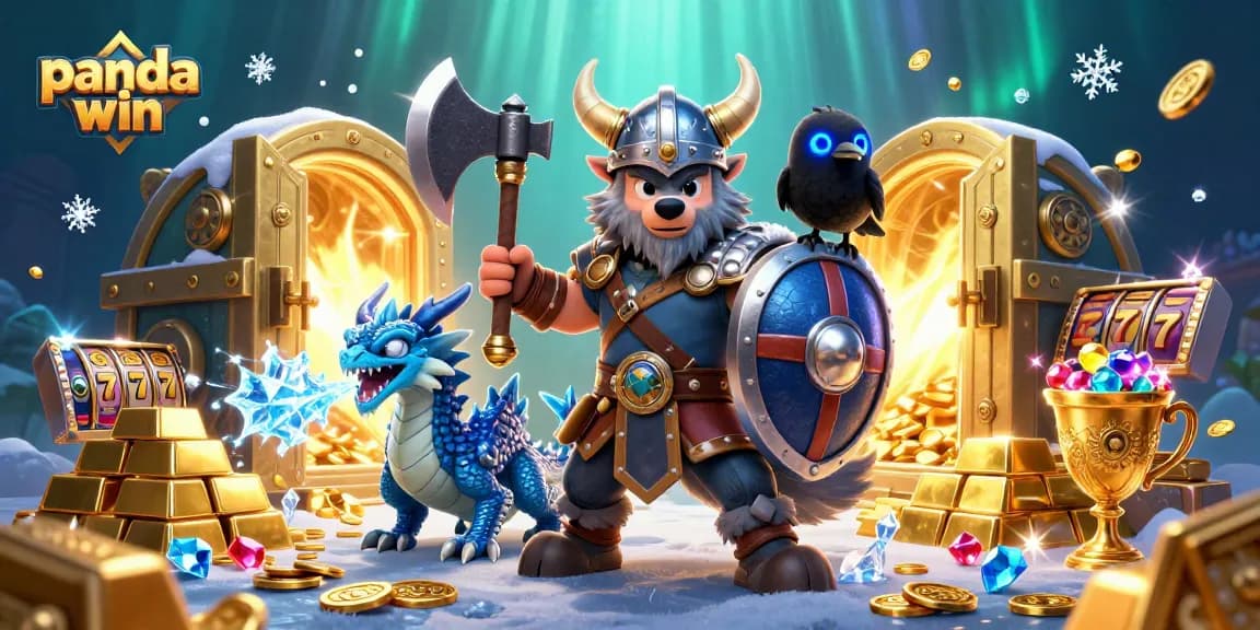 Engage with the panda win theme while enjoying a vibrant casino scene with Viking warrior and dragon.