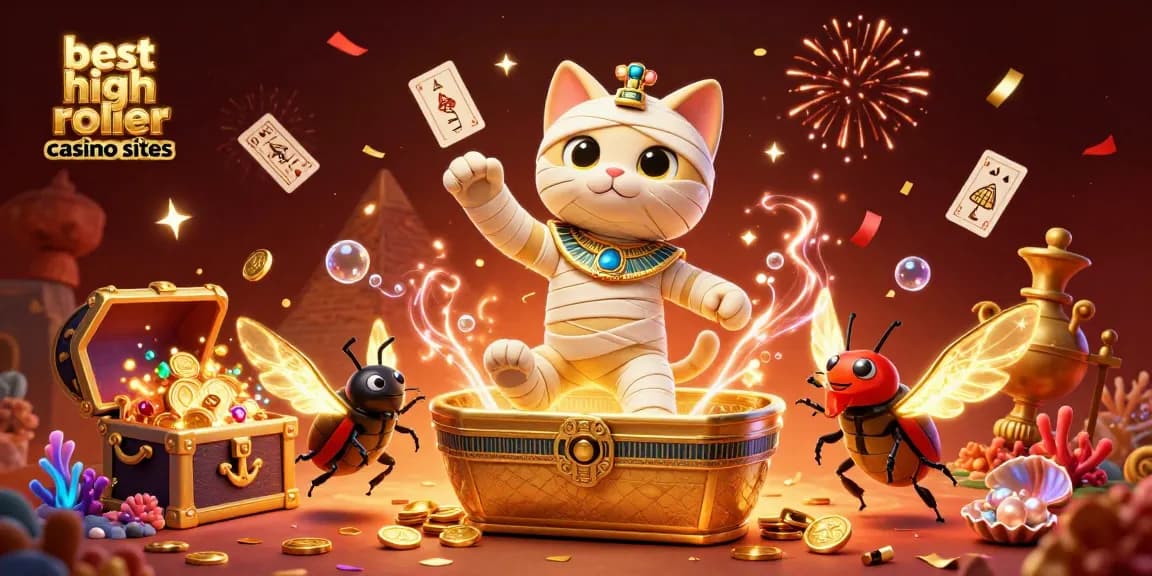 Explore the best high roller casino sites with a vibrant 3D illustration of a mummy cat, casino games, and treasures.