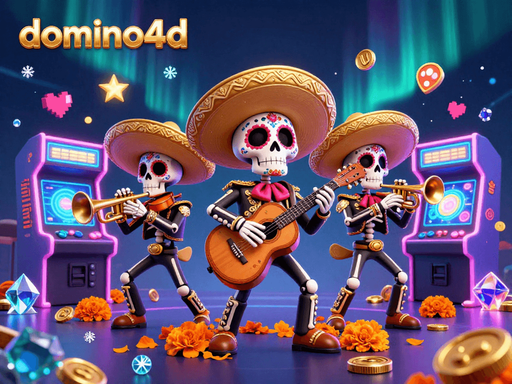 Mengalami keseruan domino4d dengan band mariachi tengkorak yang meriah dikelilingi oleh permainan arcade dalam suasana kasino.