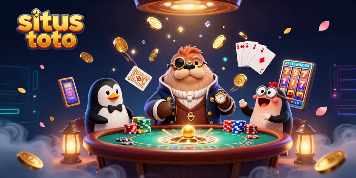 Engage in situs toto gaming with a jolly walrus and clever dealer in a dynamic casino scene.