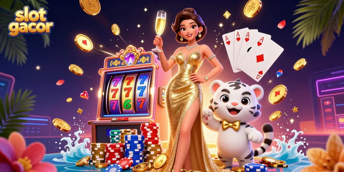 Engage with slot gacor visuals featuring a glamorous woman and lucky tiger in golden casino elements.