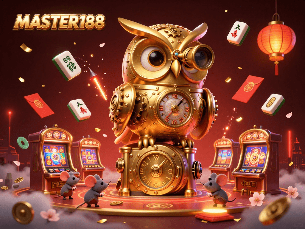 Experience the thrilling action of MASTER188 with a golden owl and vibrant casino elements in this spectacular scene.