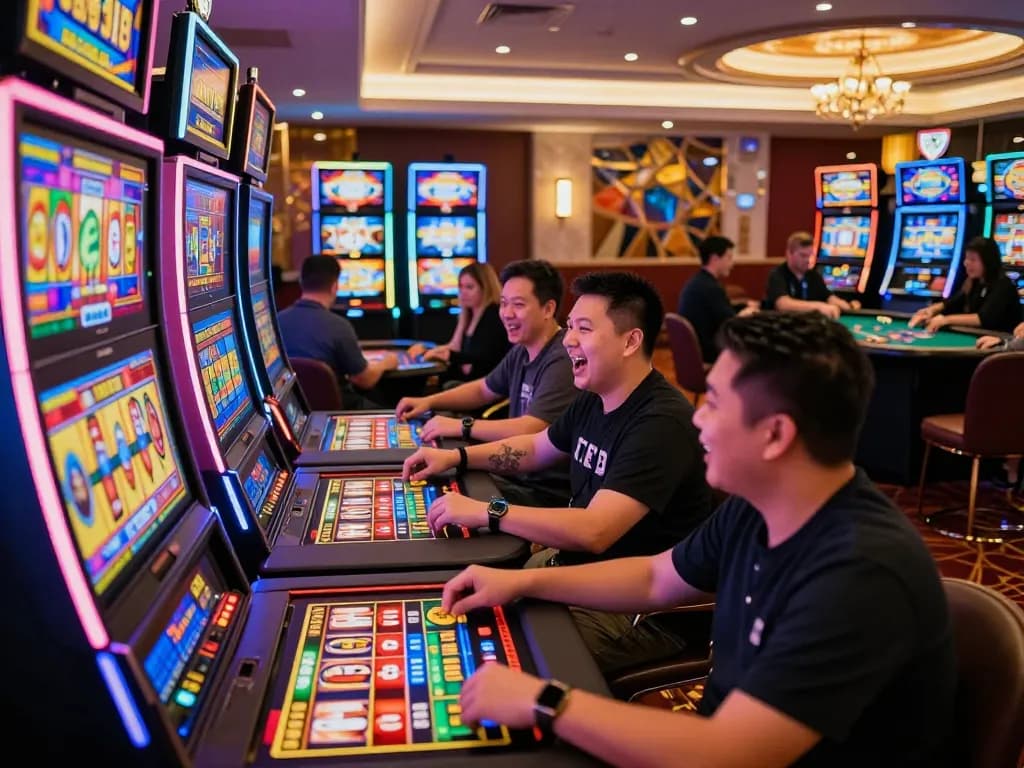 Players enjoying vibrant slot machines at TR88 casino, showcasing excitement and dynamic gameplay.