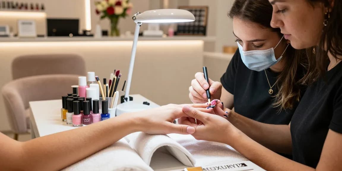 Teknisi kuku menggunakan produk LUXURY12 untuk pedikur di salon mewah.