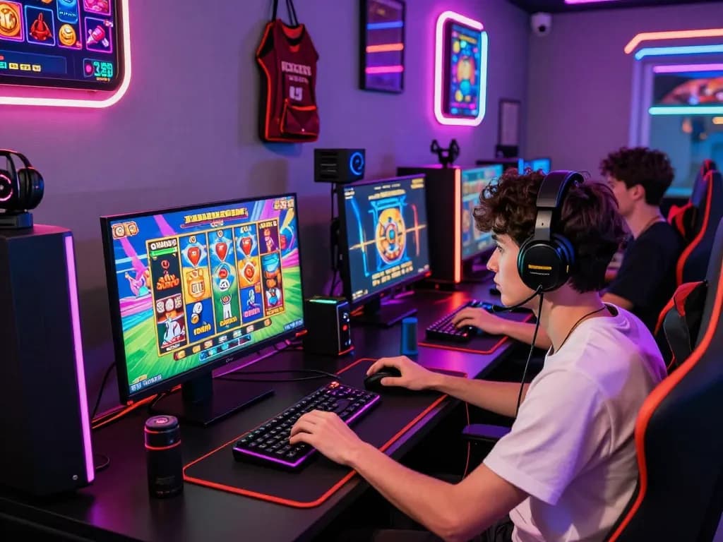 Skena permainan yang menarik dengan seorang pemain menikmati permainan slot virus88 dalam set modern yang dinamis.