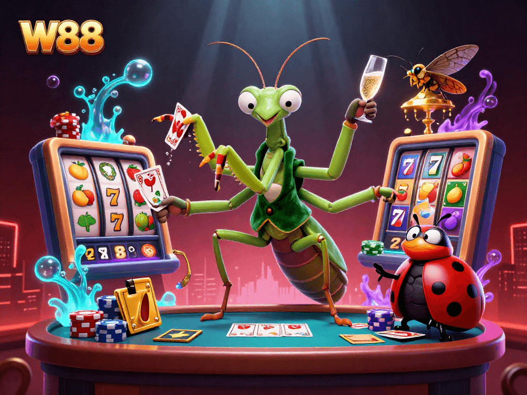 Experience the thrill of W88 with a lively 3D scene featuring exciting casino elements and vibrant characters.