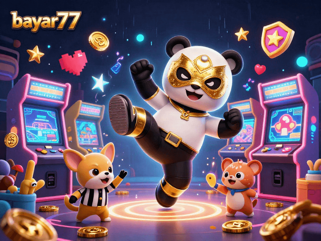 Bayar77 menghadirkan momen penuh aksi dengan panda pegulat terbang dan penonton hewan ceria dalam ilustrasi kasino 3D.