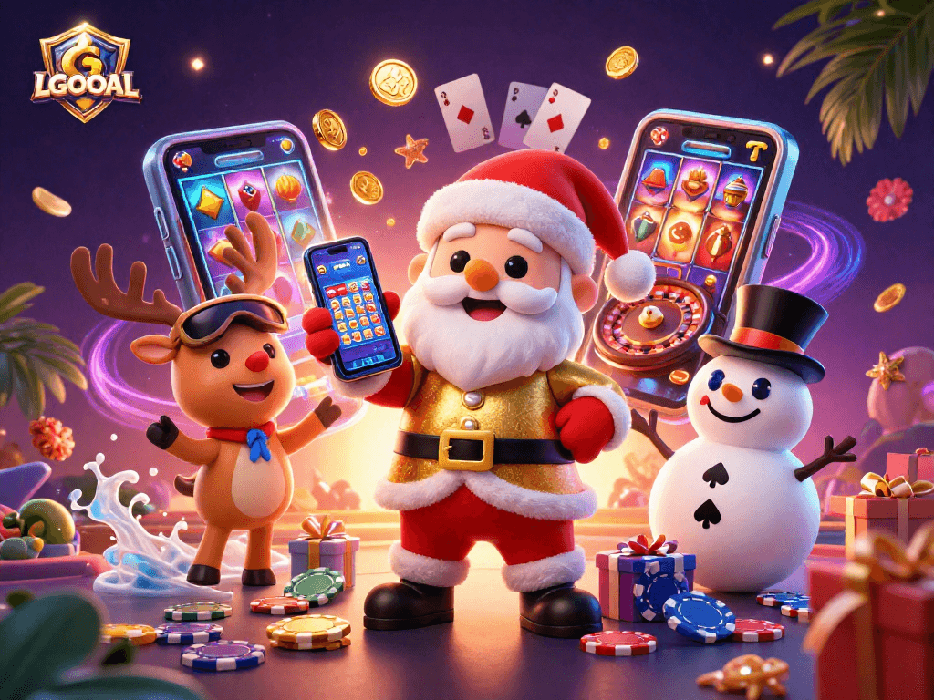Engage with LGOGOAL as Santa and his playful companions celebrate with jackpot slots and vibrant casino elements.