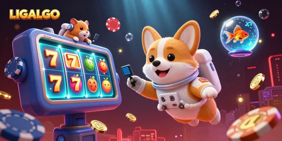LIGALGO provides an immersive experience with a cartoon astronaut corgi and floating slot reels in a vibrant casino setting.