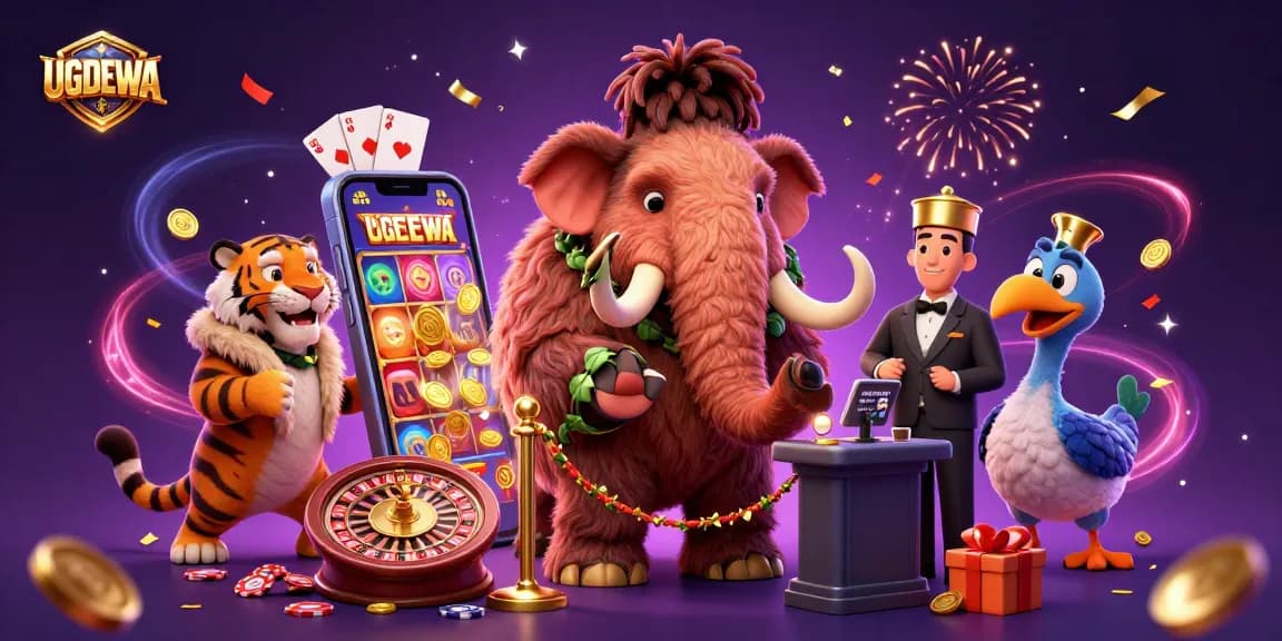 Engage in gaming excitement with UGDEWA's vibrant casino illustration featuring dynamic characters.
