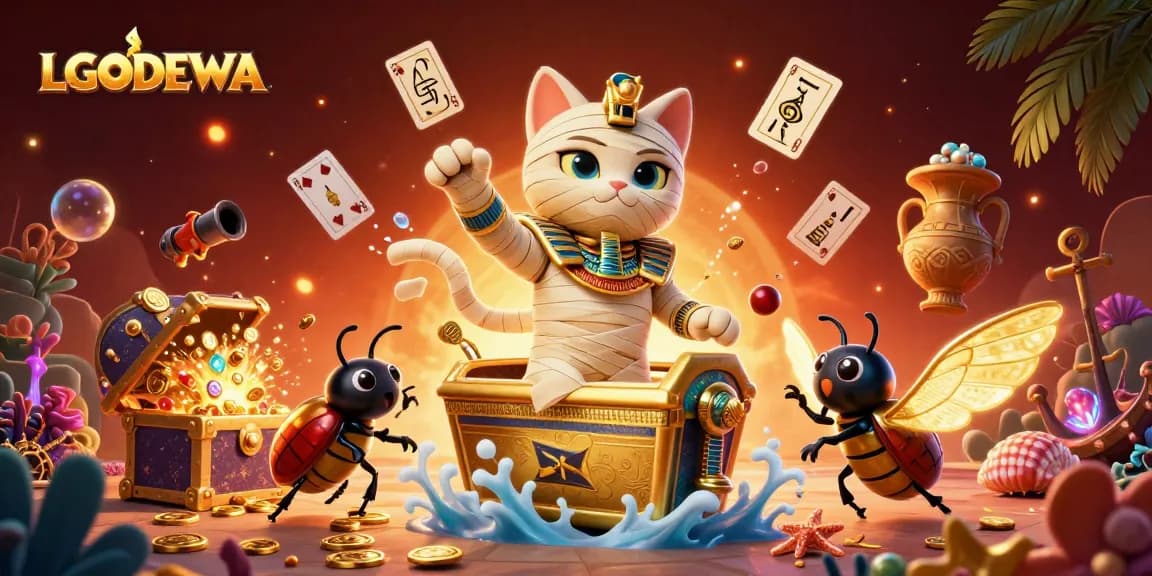 Engage with LGODEWA in a vibrant pyramid casino scene filled with treasures and dynamic gaming elements.