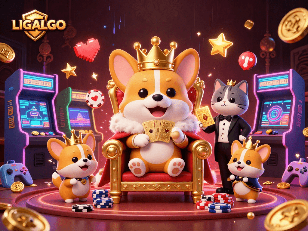 LIGALGO reveals a vibrant 3D casino scene featuring royal corgis and gaming elements.