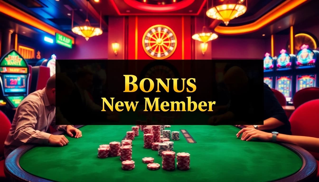 Exciting casino scene showcasing poker players and a "Bonus New Member" promotion.