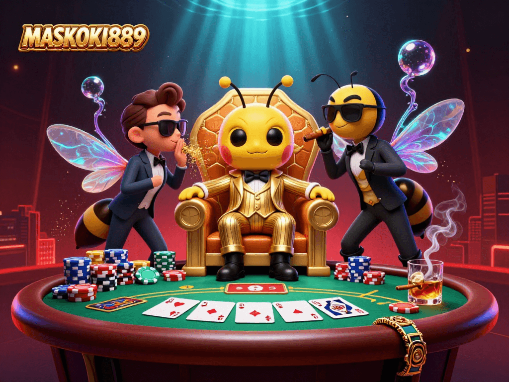 Engage with MASKOKI889 by exploring the 3D casino scene filled with poker action and secretive characters.