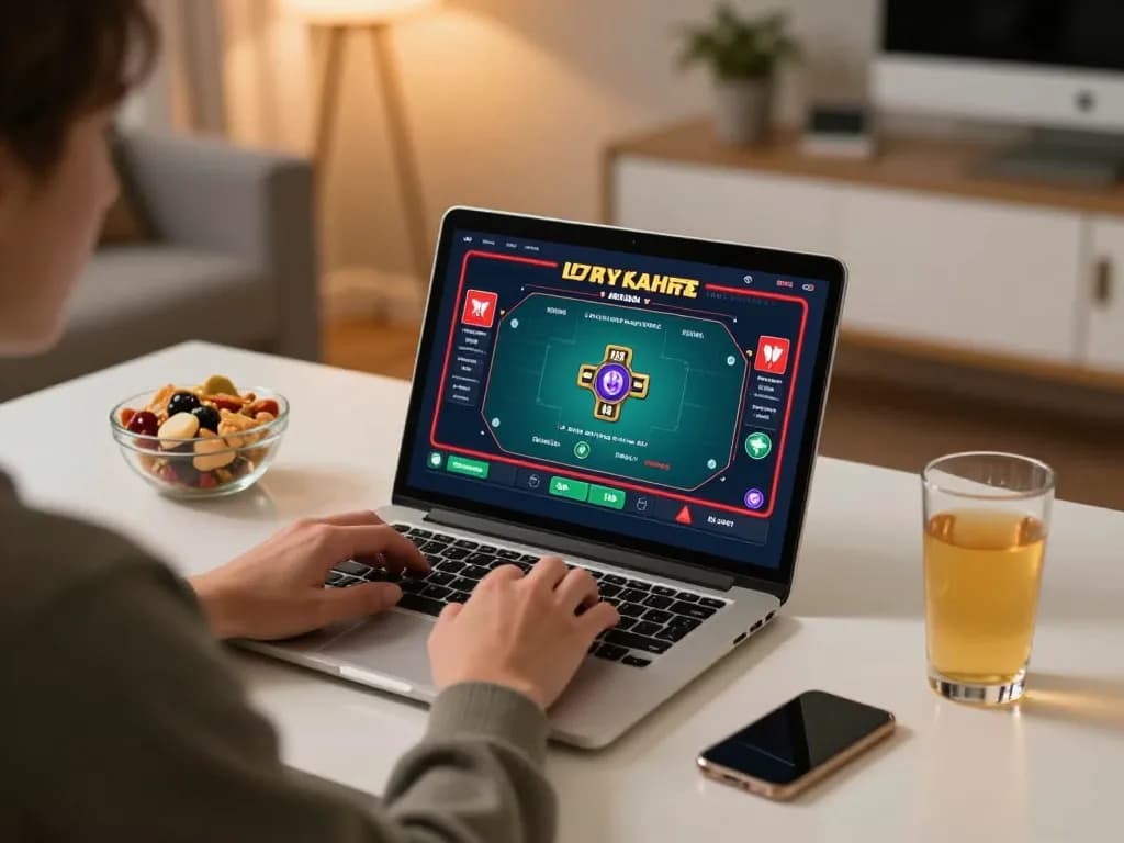 uu 88 player engaging in online poker with focused strategy, surrounded by snacks and warm lighting