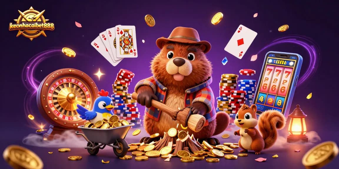 Experience thrilling gameplay at keonhacaibet888 with a beaver collecting coins and dynamic casino elements.