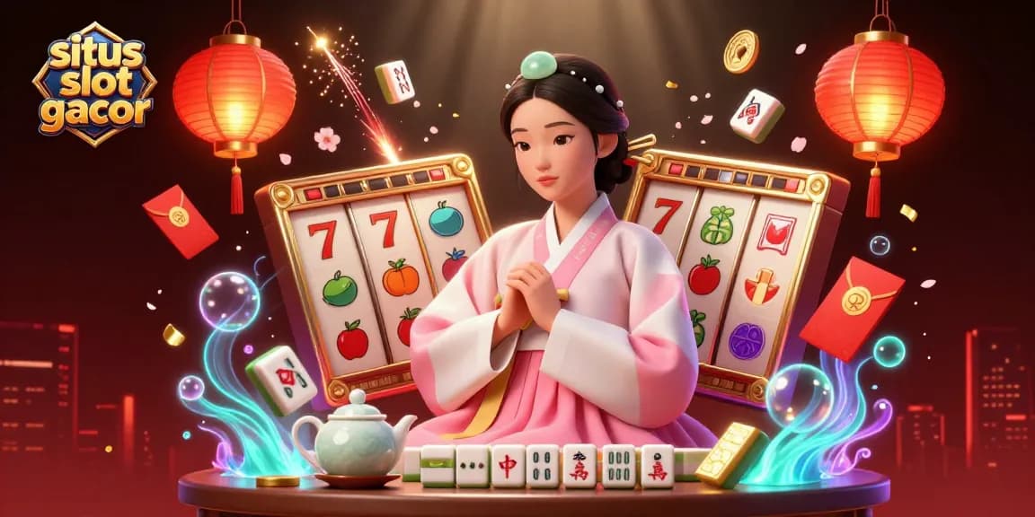 Engage with situs slot gacor through a vibrant 3D scene of traditional Asian elements and slot games.