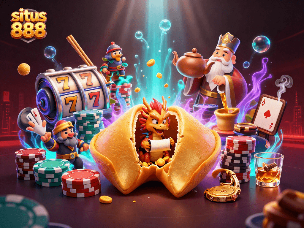 Experience the excitement of situs 888 with a packed scene of vibrant casino elements and characters.