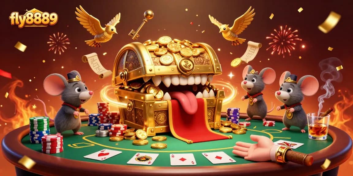 Play exciting games at fly8889, featuring a treasure chest and poker scene bursting with color and energy.